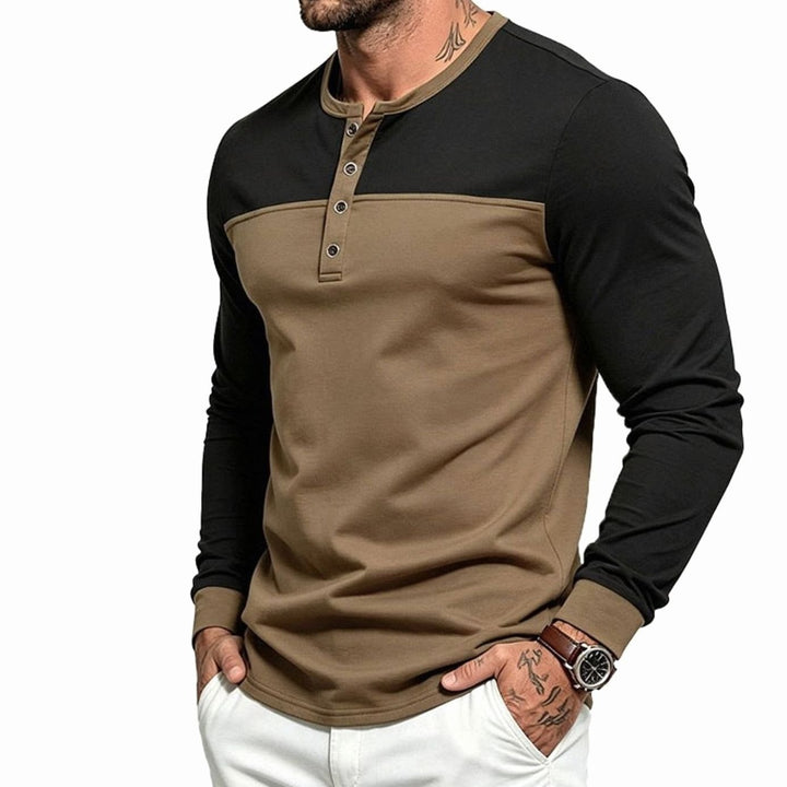 Men's Slim-Fit Long Sleeve Henley Shirt Contrast Colorblock - Black Top / Brown Bottom
