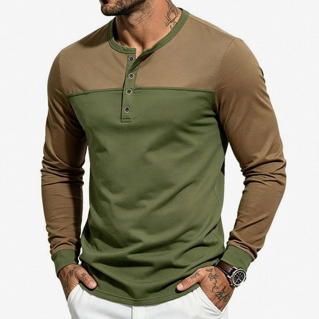 Men's Slim-Fit Long Sleeve Henley Shirt Contrast Colorblock - Brown Top / Green Bottom