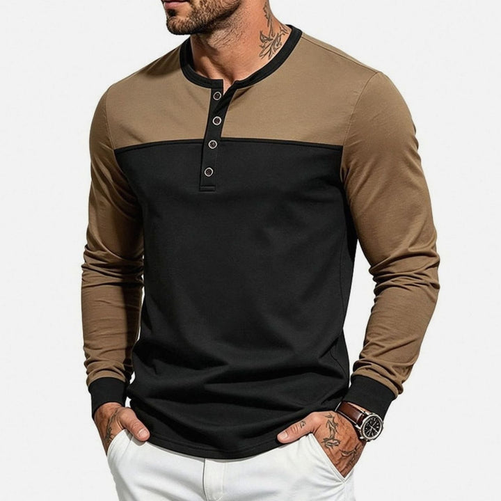 Men's Slim-Fit Long Sleeve Henley Shirt Contrast Colorblock - Brown Top / Black Bottom