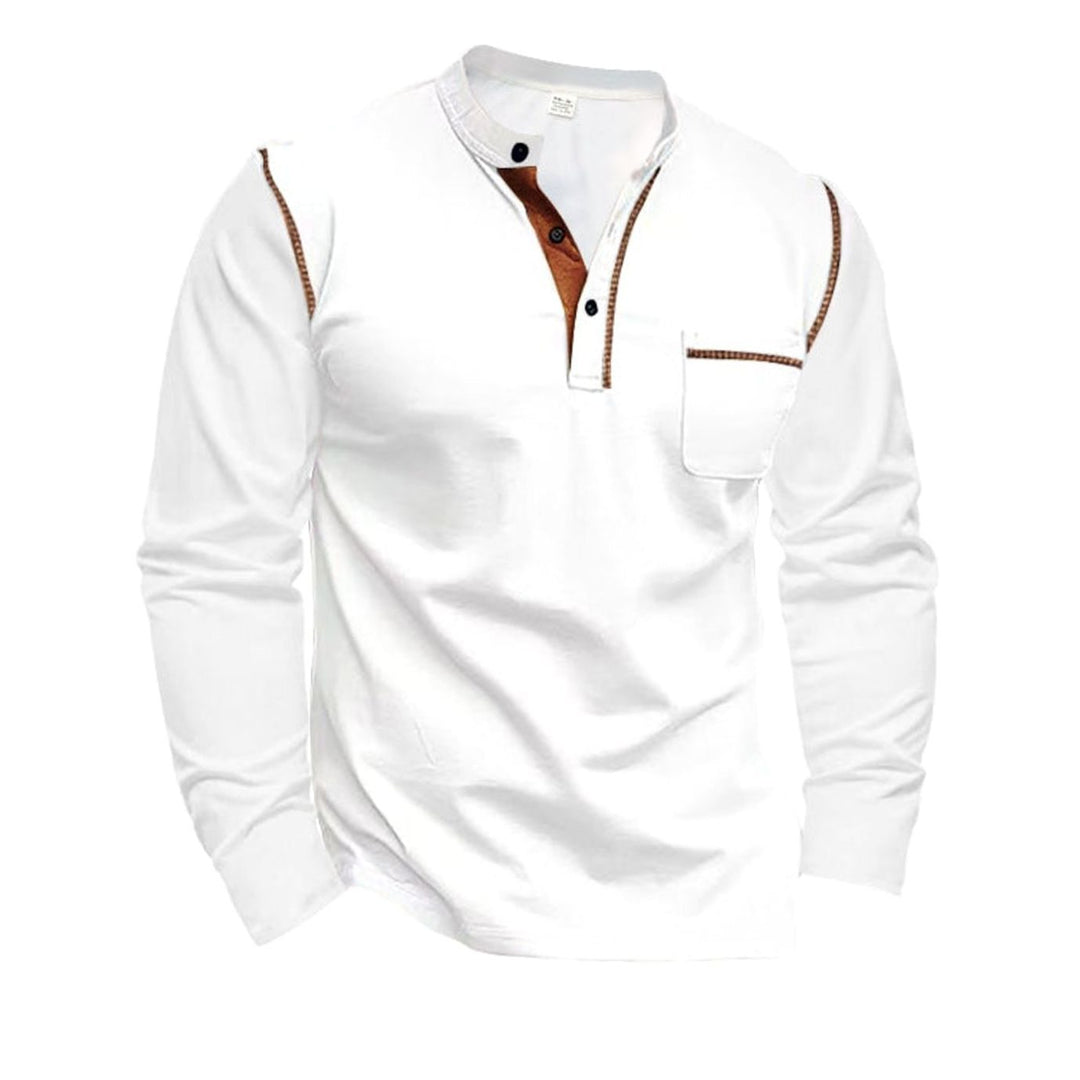 Men's Slim-Fit Long Sleeve Henley Shirt Contrast Trim Chest Pocket - White
