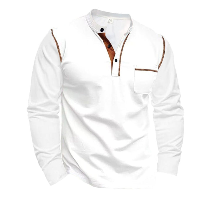 Men's Slim-Fit Long Sleeve Henley Shirt Contrast Trim Chest Pocket - White