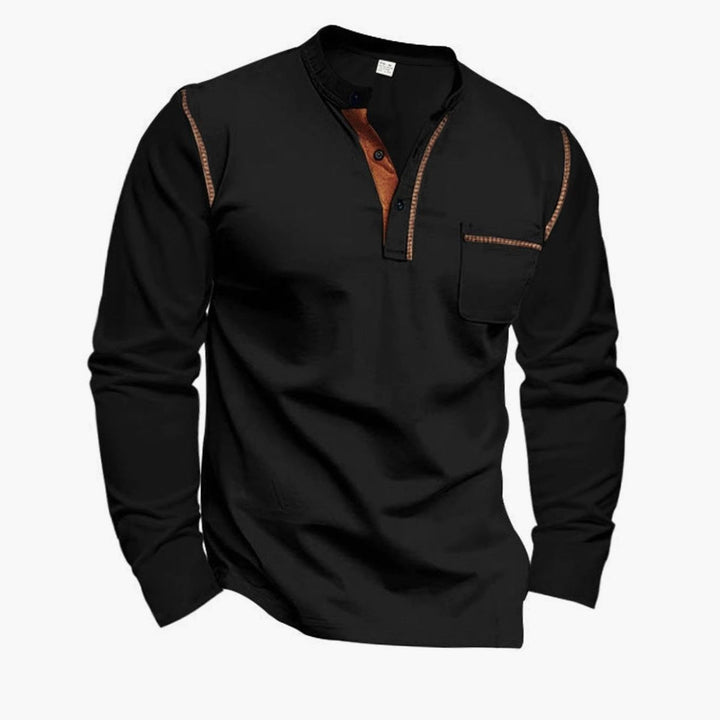 Men's Slim-Fit Long Sleeve Henley Shirt Contrast Trim Chest Pocket - Black