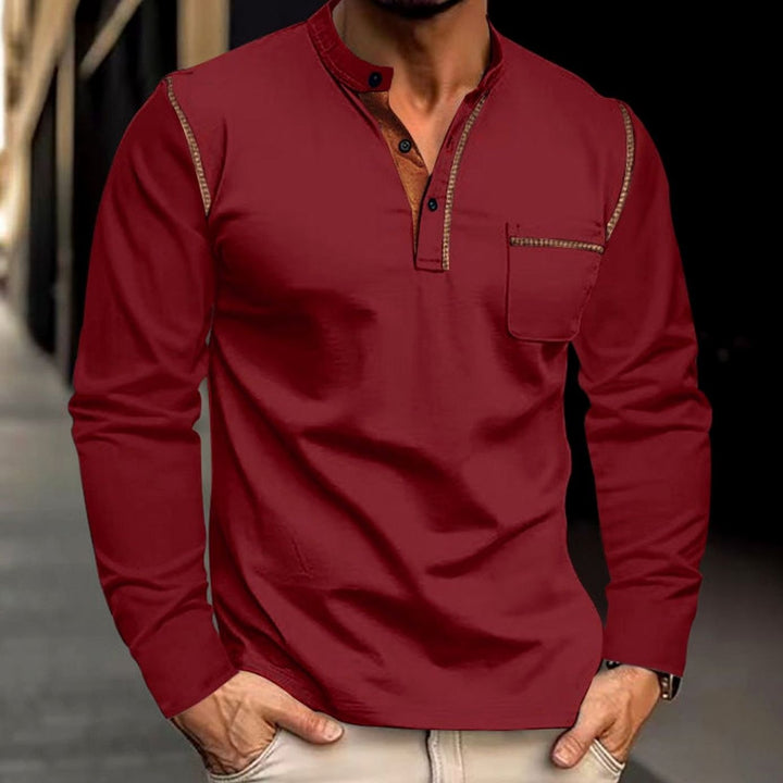 Men's Slim-Fit Long Sleeve Henley Shirt Contrast Trim Chest Pocket