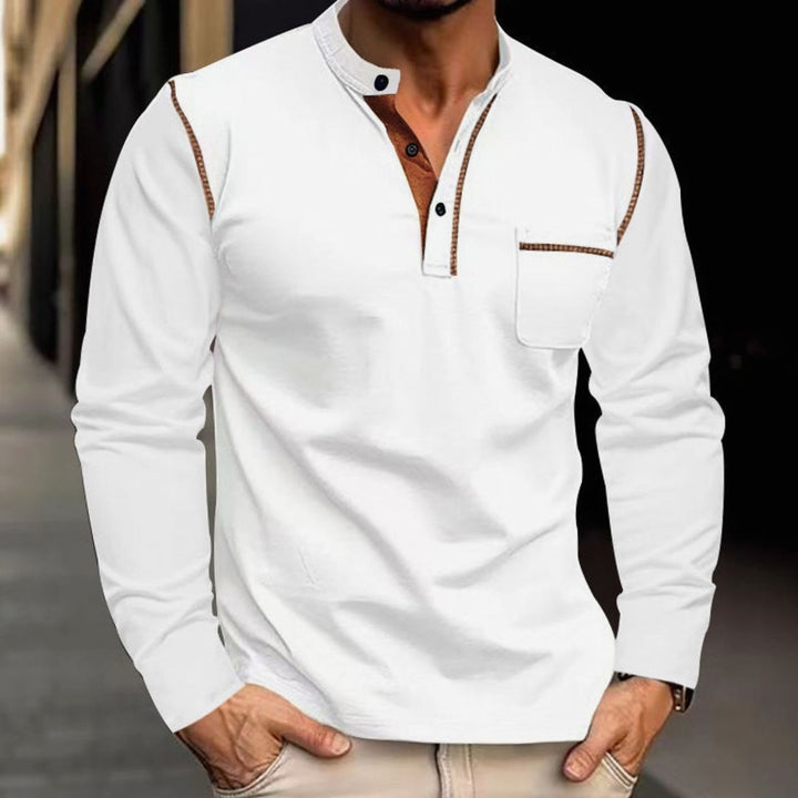Men's Slim-Fit Long Sleeve Henley Shirt Contrast Trim Chest Pocket