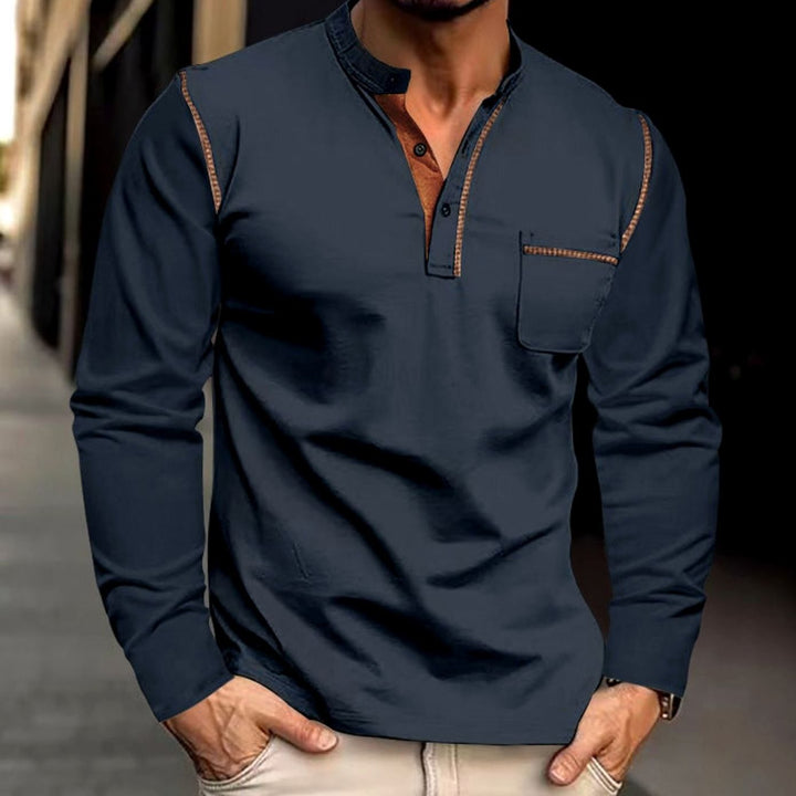 Men's Slim-Fit Long Sleeve Henley Shirt Contrast Trim Chest Pocket