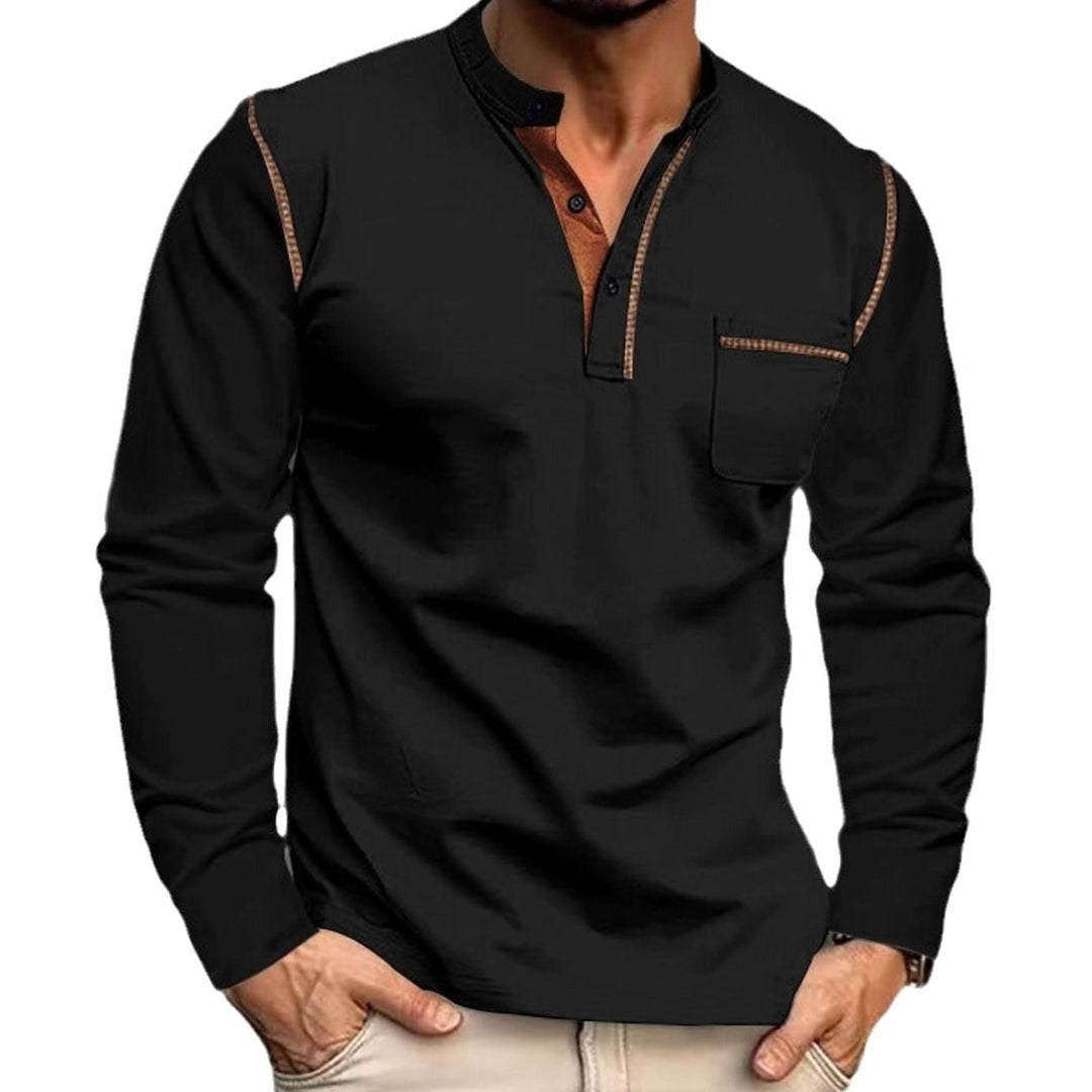 Men's Slim-Fit Long Sleeve Henley Shirt Contrast Trim Chest Pocket