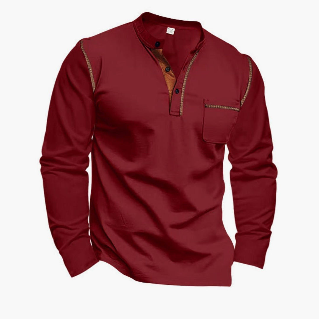 Men's Slim-Fit Long Sleeve Henley Shirt Contrast Trim Chest Pocket - Burgundy