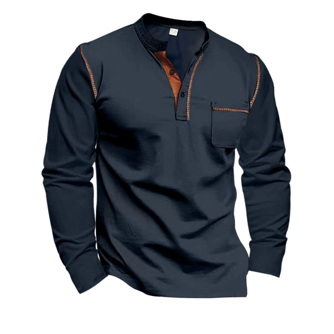 Men's Slim-Fit Long Sleeve Henley Shirt Contrast Trim Chest Pocket - Navy Blue
