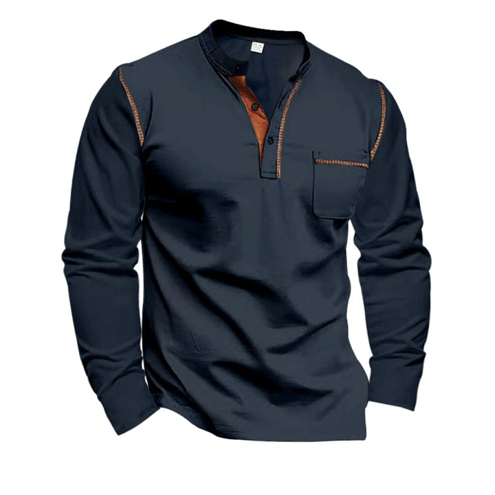 Men's Slim-Fit Long Sleeve Henley Shirt Contrast Trim Chest Pocket - Navy Blue