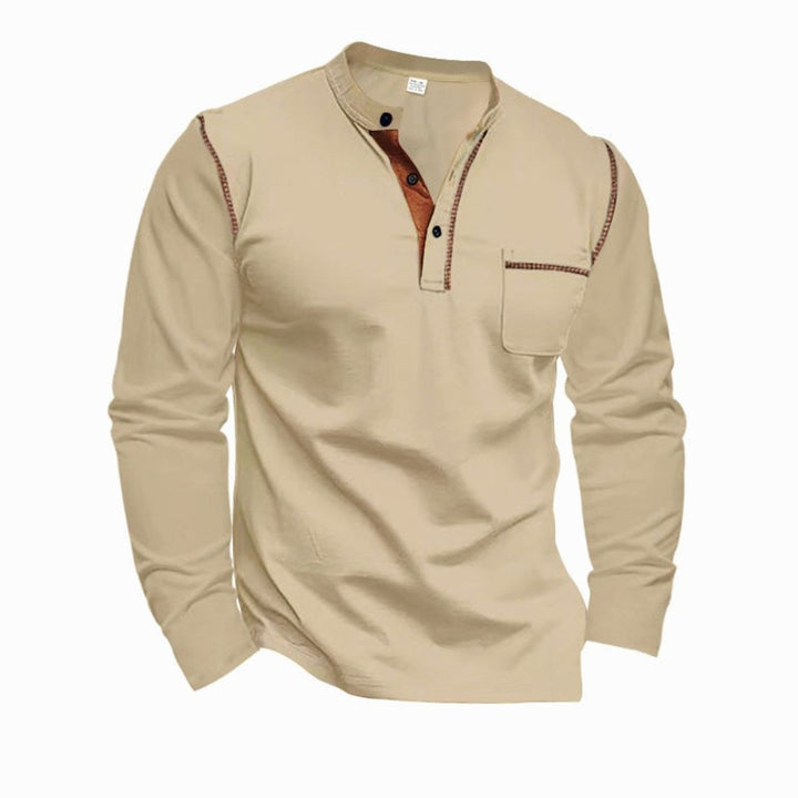 Men's Slim-Fit Long Sleeve Henley Shirt Contrast Trim Chest Pocket - Khaki