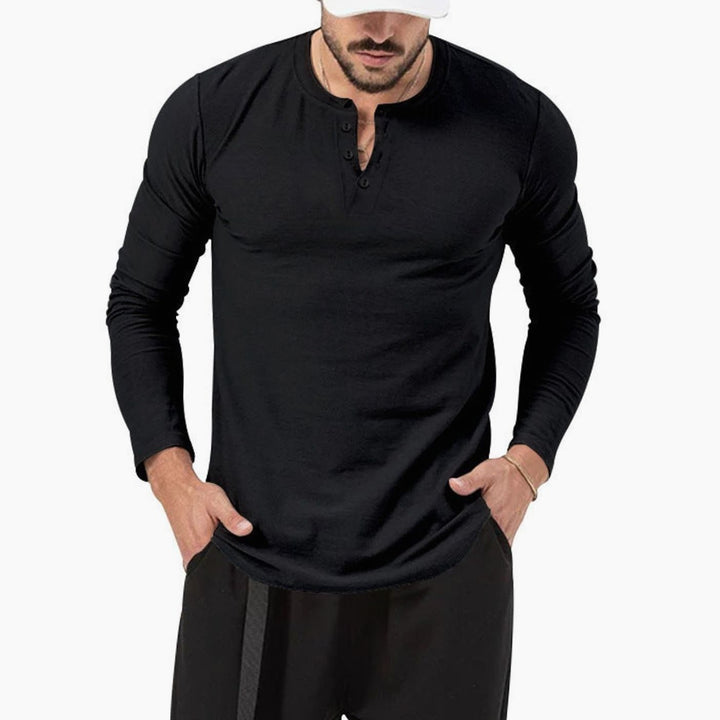 Men's Slim-Fit Long Sleeve Henley Shirt Textured Cotton Blend - Black