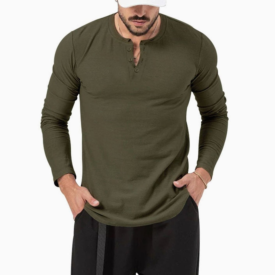 Men's Slim-Fit Long Sleeve Henley Shirt Textured Cotton Blend - Olive Green