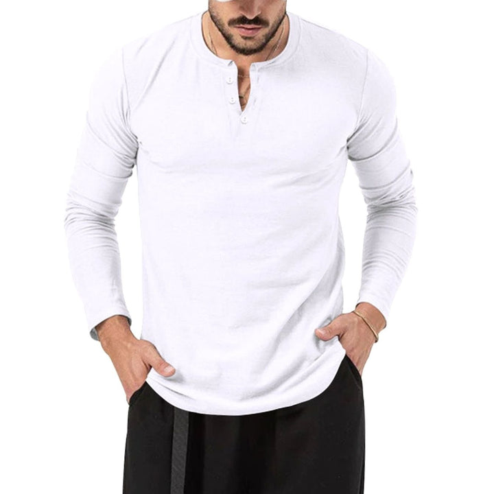 Men's Slim-Fit Long Sleeve Henley Shirt Textured Cotton Blend - White