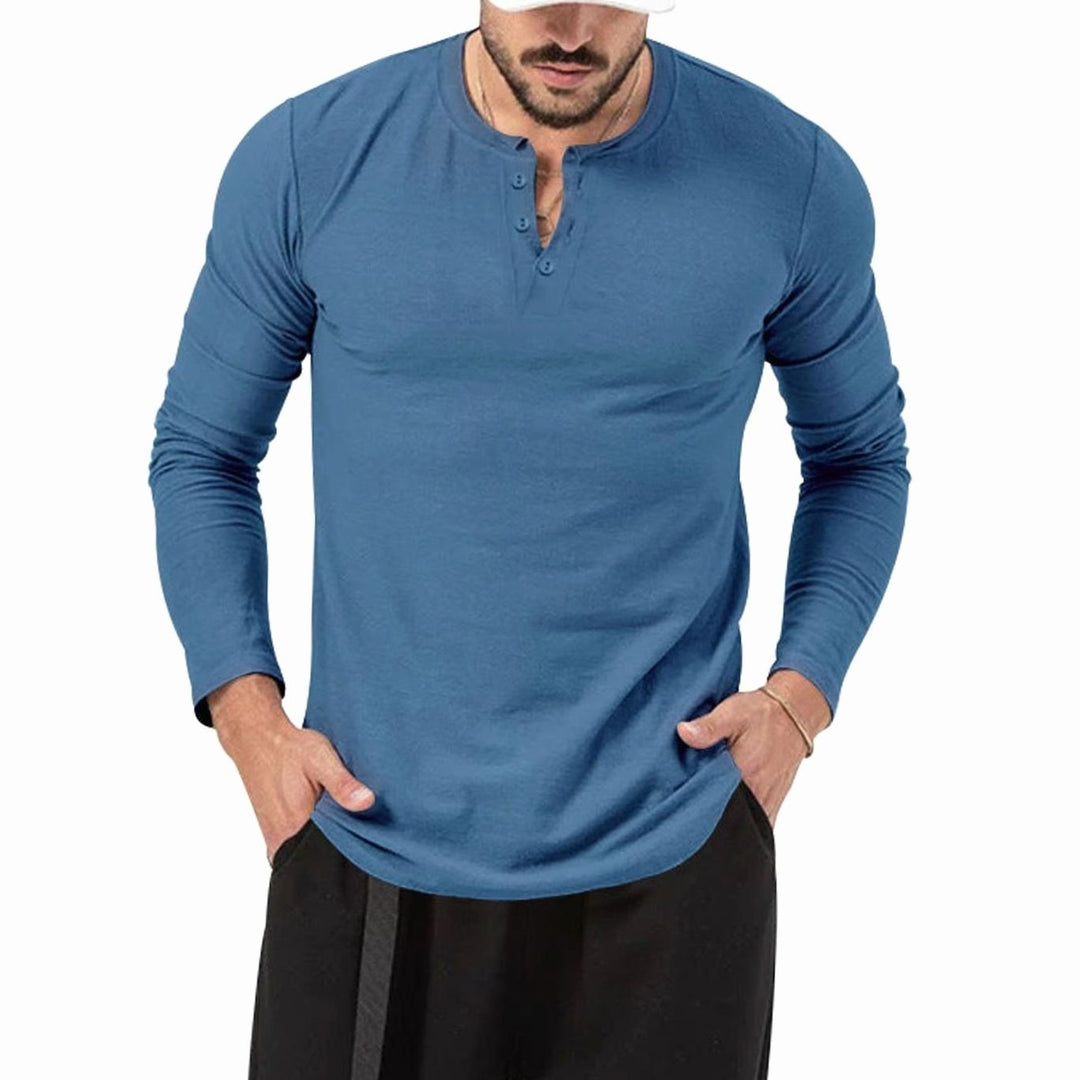 Men's Slim-Fit Long Sleeve Henley Shirt Textured Cotton Blend - Denim Blue