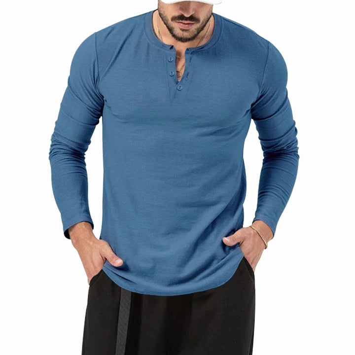 Men's Slim-Fit Long Sleeve Henley Shirt Textured Cotton Blend - Denim Blue