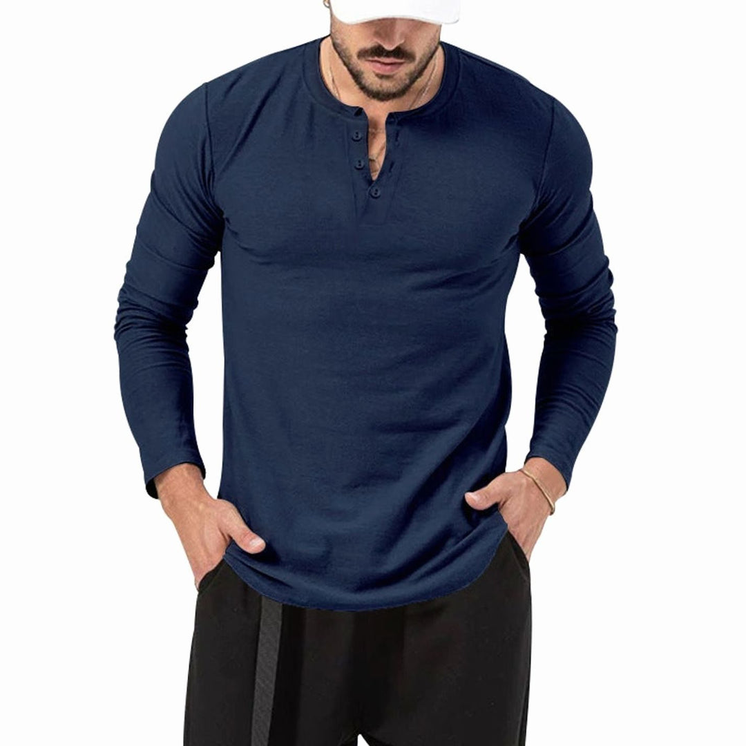 Men's Slim-Fit Long Sleeve Henley Shirt Textured Cotton Blend - Midnight Blue