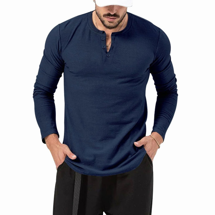 Men's Slim-Fit Long Sleeve Henley Shirt Textured Cotton Blend - Midnight Blue