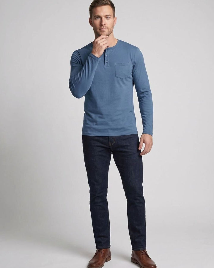 Men's Slim-Fit Long Sleeve Henley Shirt with Chest Pocket