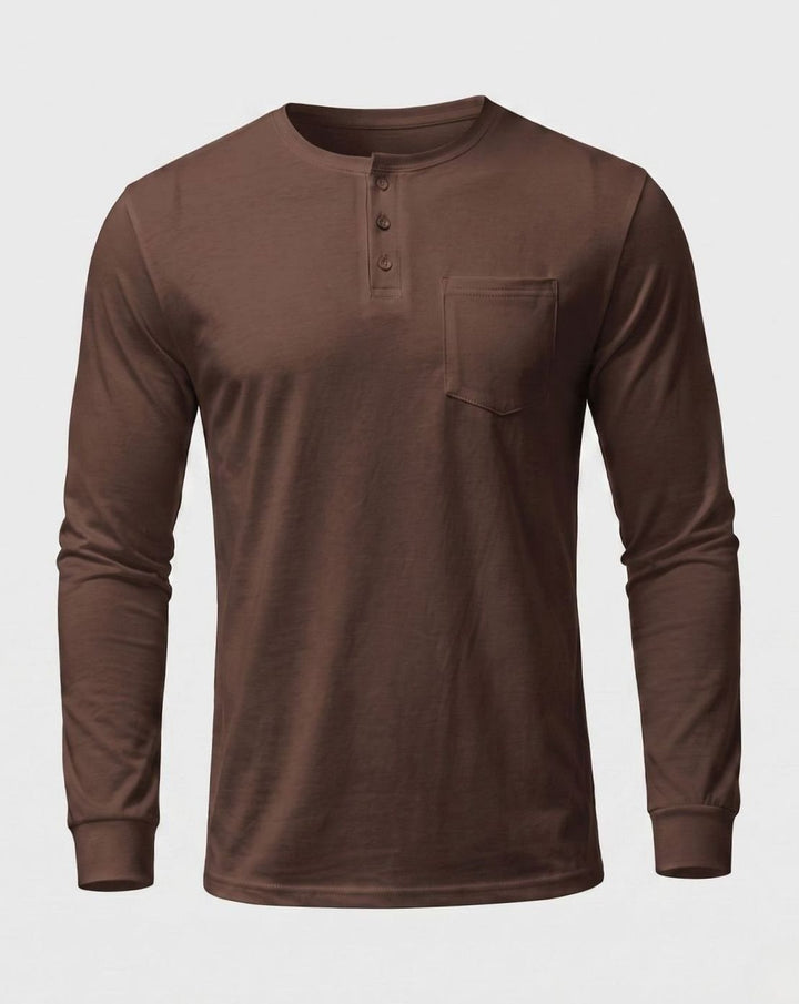 Men's Slim-Fit Long Sleeve Henley Shirt with Chest Pocket - Dark Brown