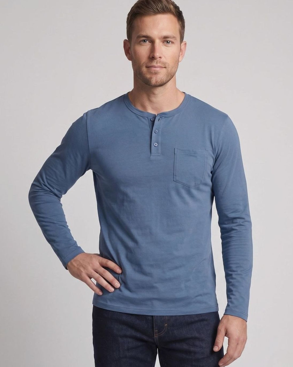 Men's Slim-Fit Long Sleeve Henley Shirt with Chest Pocket