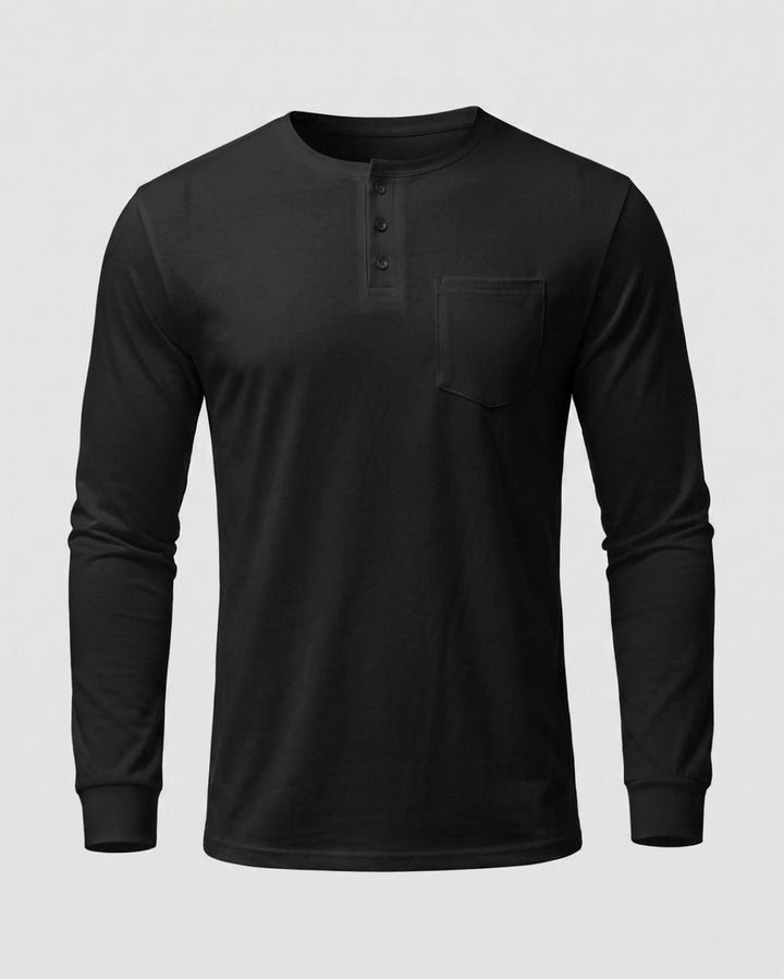 Men's Slim-Fit Long Sleeve Henley Shirt with Chest Pocket - Black