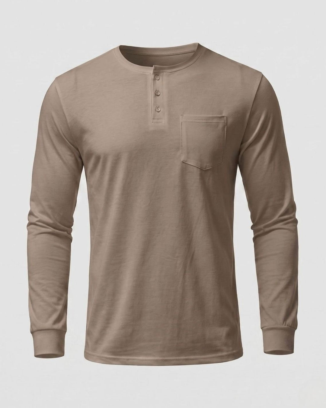 Men's Slim-Fit Long Sleeve Henley Shirt with Chest Pocket - Khaki