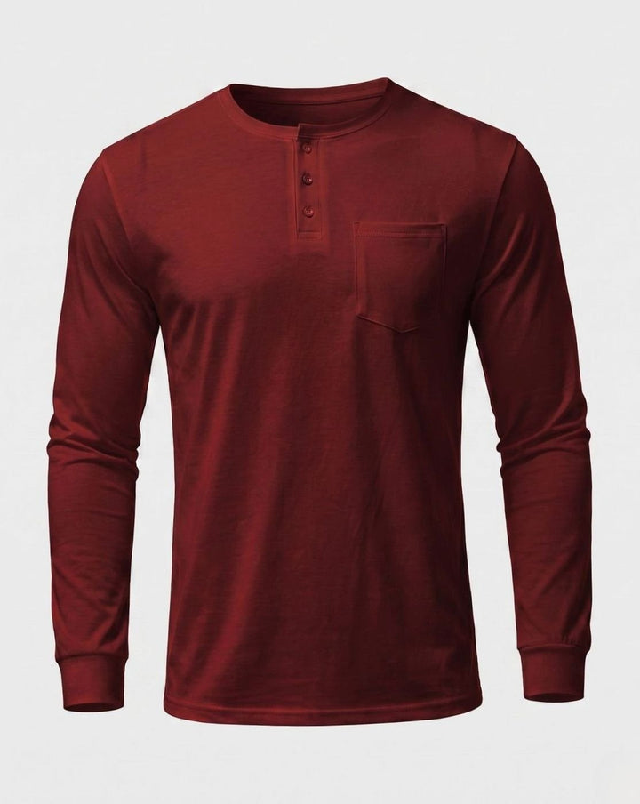 Men's Slim-Fit Long Sleeve Henley Shirt with Chest Pocket - Deep Red