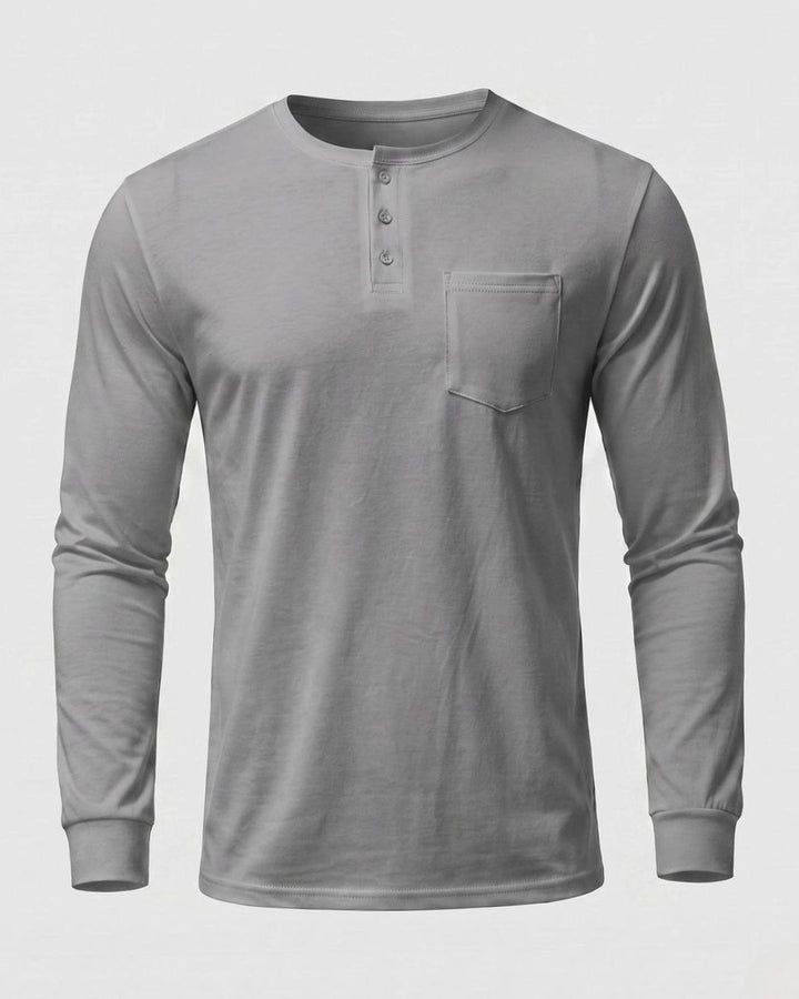 Men's Slim-Fit Long Sleeve Henley Shirt with Chest Pocket - Gray