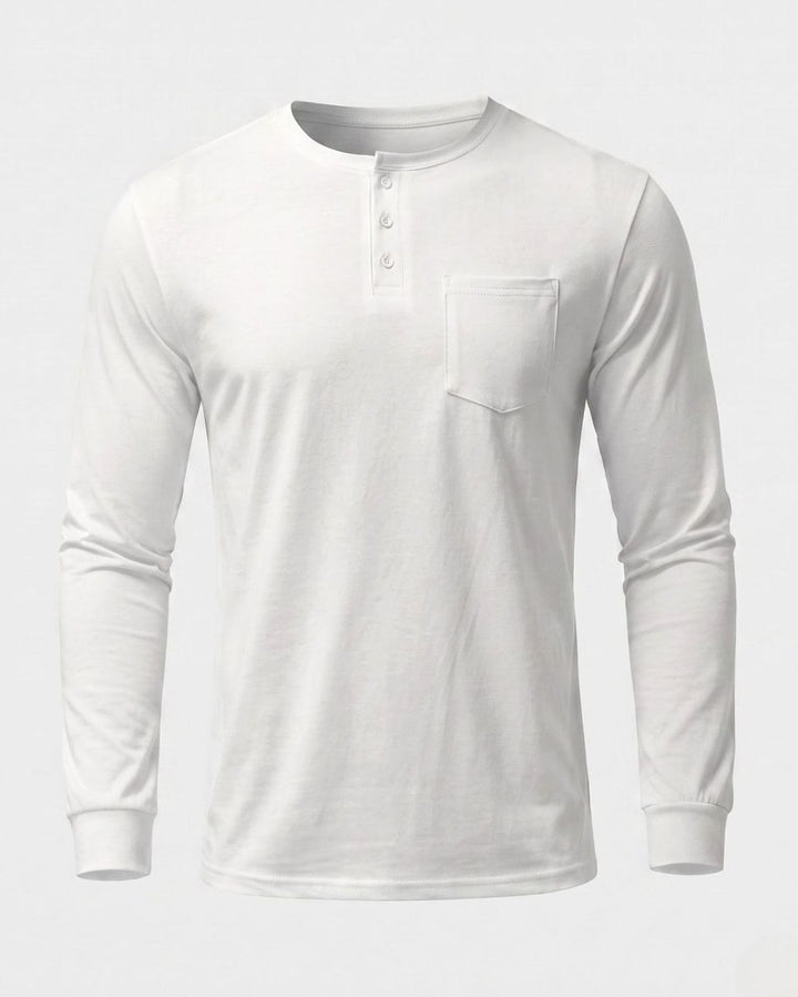 Men's Slim-Fit Long Sleeve Henley Shirt with Chest Pocket - White