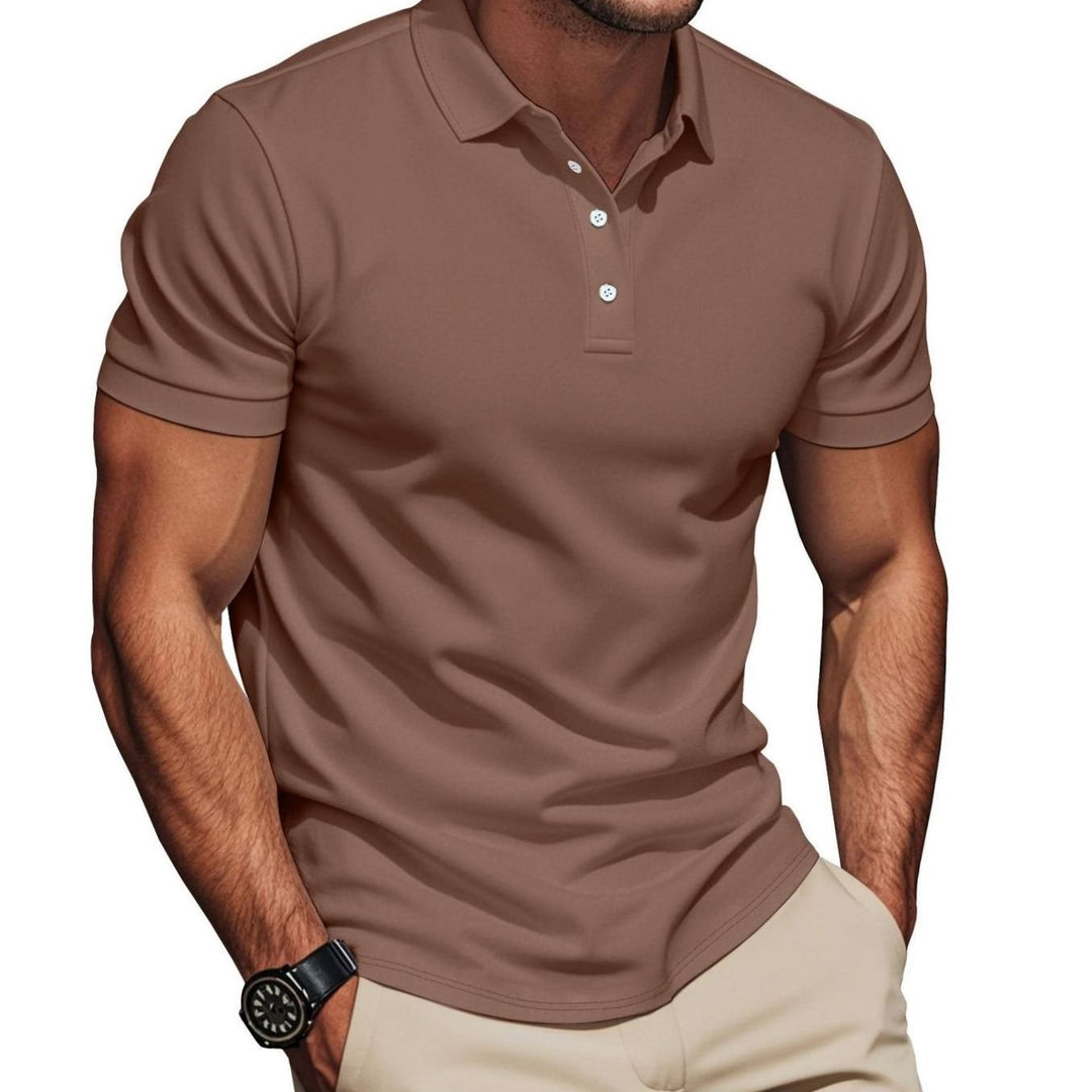 Men's Slim-Fit Pima Cotton Polo Shirt Kent Collar Button Placket, Khaki - Brown