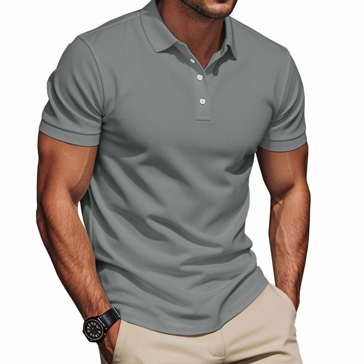 Men's Slim-Fit Pima Cotton Polo Shirt Kent Collar Button Placket, Khaki - Dark Gray