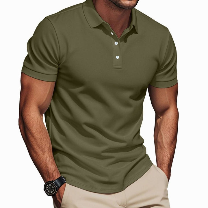 Men's Slim-Fit Pima Cotton Polo Shirt Kent Collar Button Placket, Khaki - Olive Green