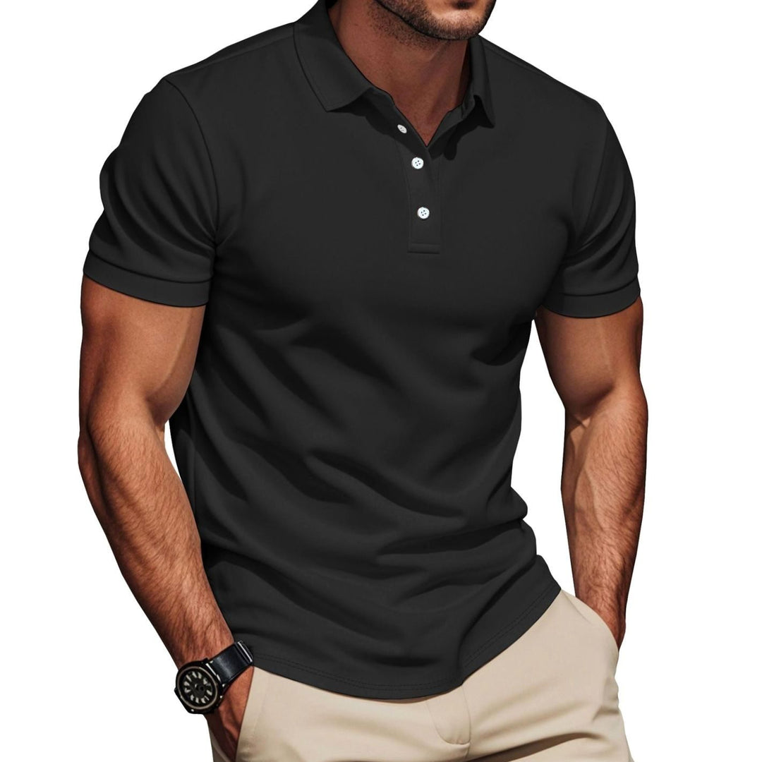 Men's Slim-Fit Pima Cotton Polo Shirt Kent Collar Button Placket, Khaki - Black