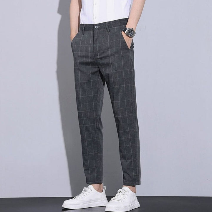 Men's Slim-Fit Plaid Cropped Chino Pants - Dark Gray