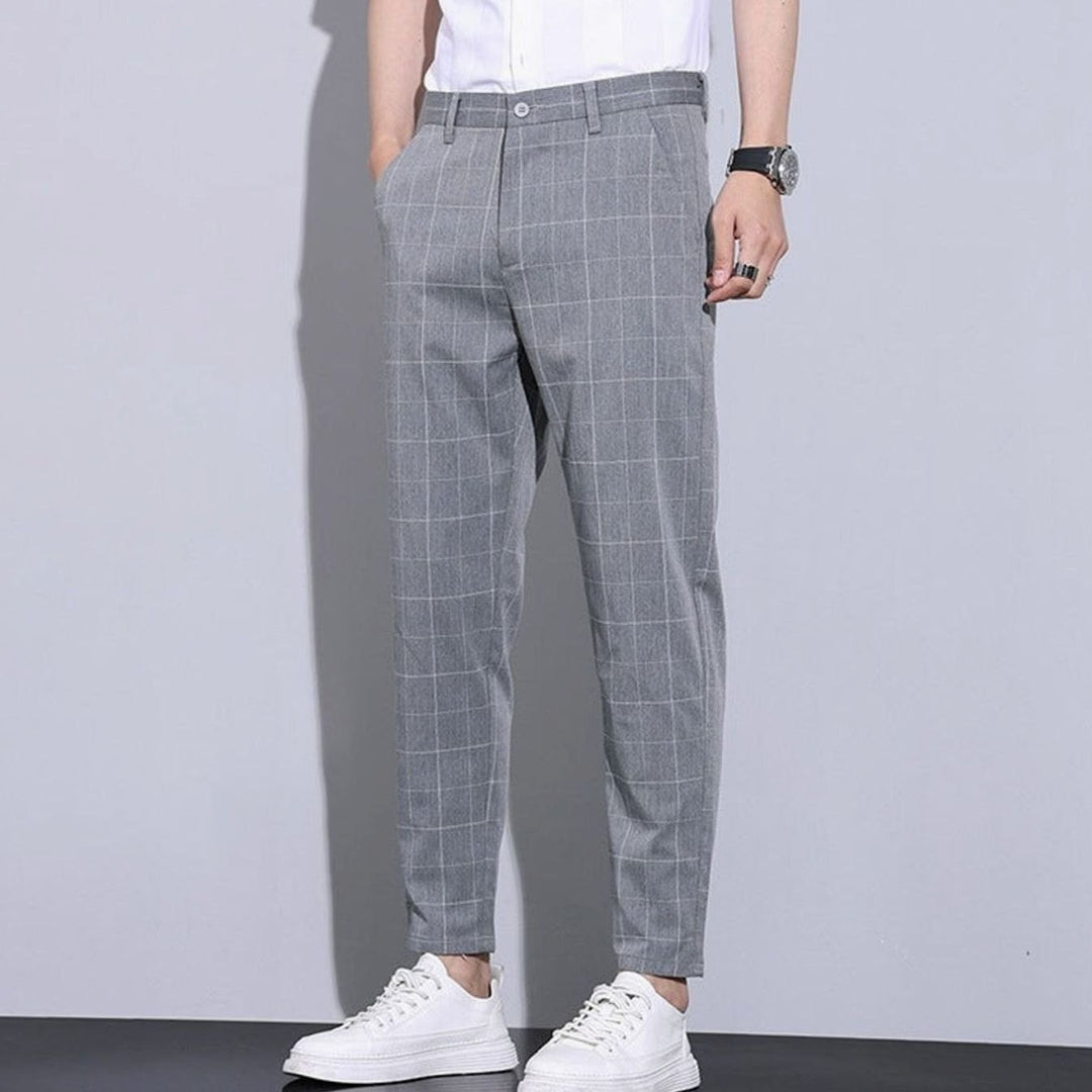 Men's Slim-Fit Plaid Cropped Chino Pants - Light Gray