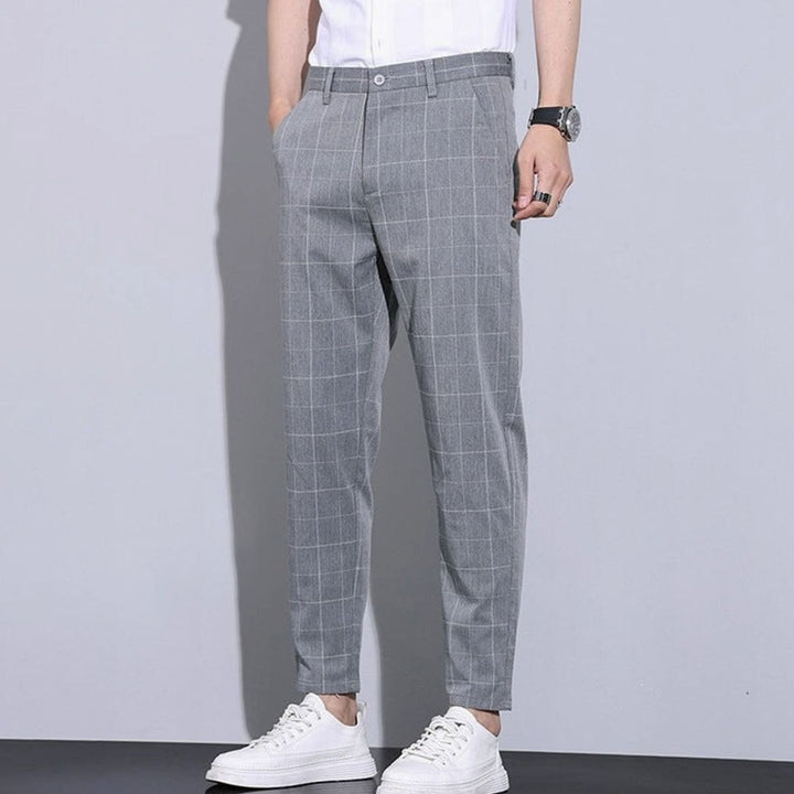 Men's Slim-Fit Plaid Cropped Chino Pants - Light Gray