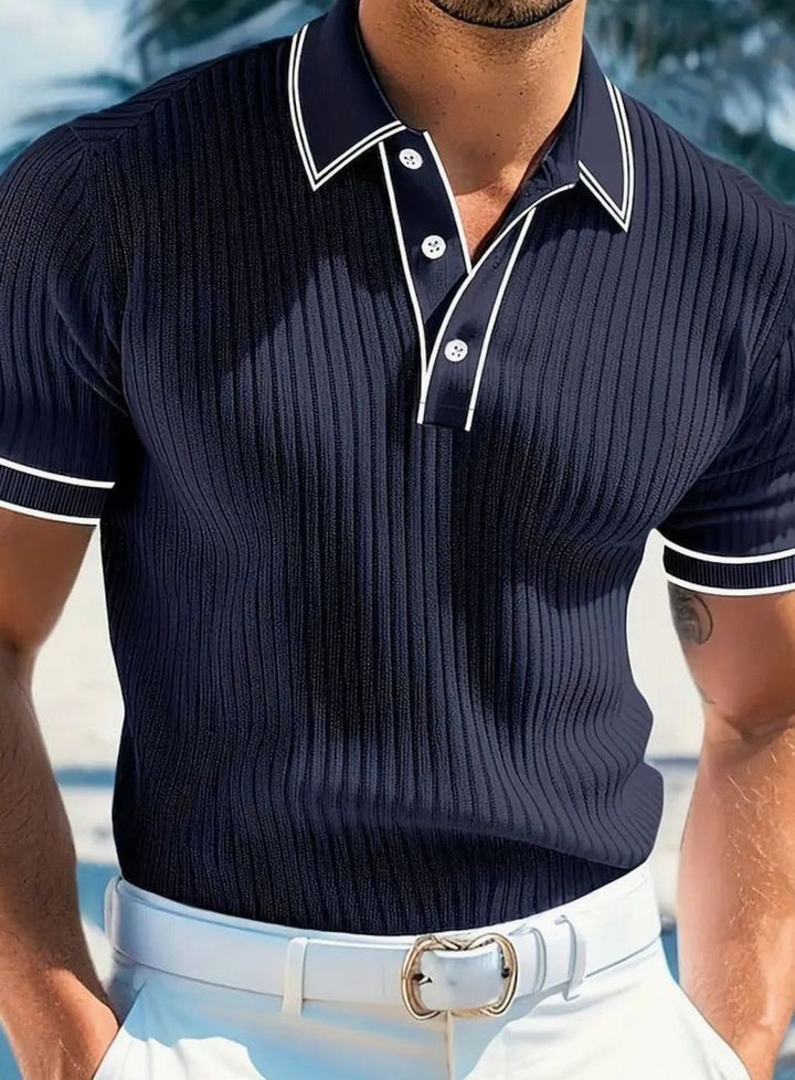 Men's Slim-Fit Ribbed Knit Short-Sleeve Polo Shirt Contrast Trim - Navy Blue
