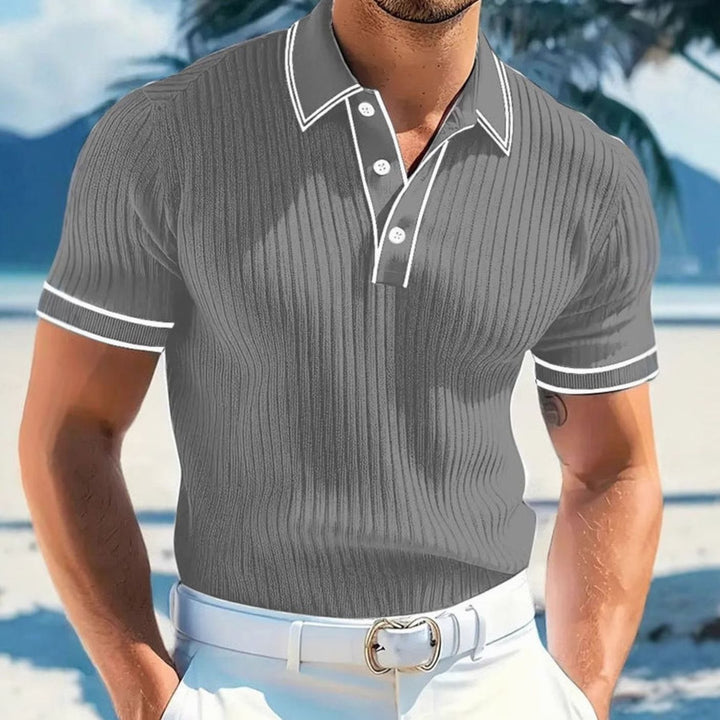 Men's Slim-Fit Ribbed Knit Short-Sleeve Polo Shirt Contrast Trim