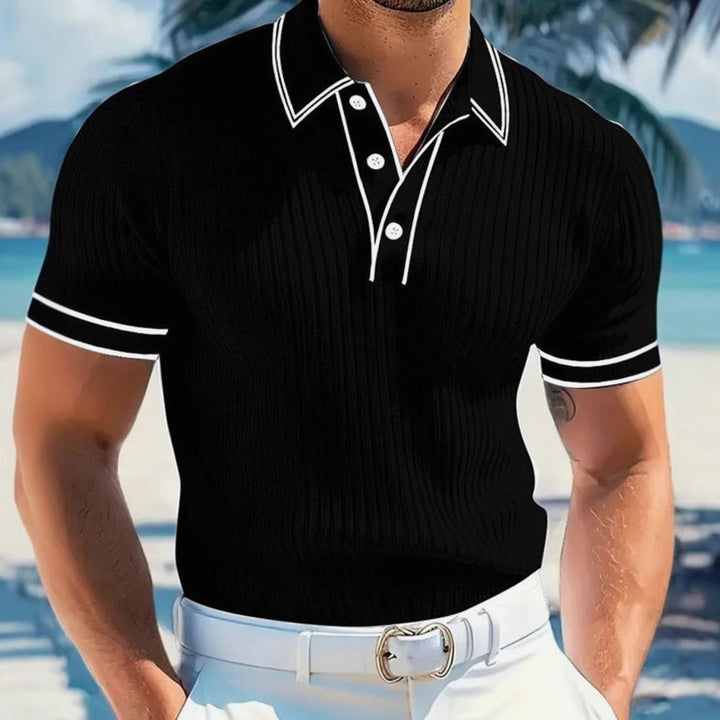 Men's Slim-Fit Ribbed Knit Short-Sleeve Polo Shirt Contrast Trim