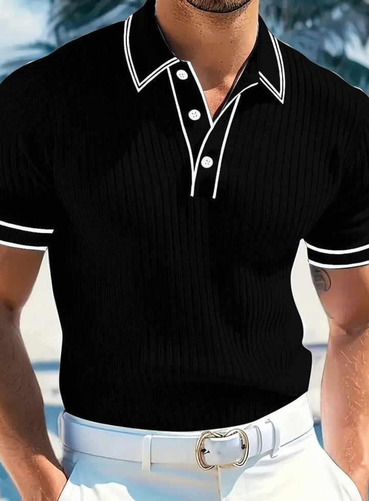 Men's Slim-Fit Ribbed Knit Short-Sleeve Polo Shirt Contrast Trim - Black