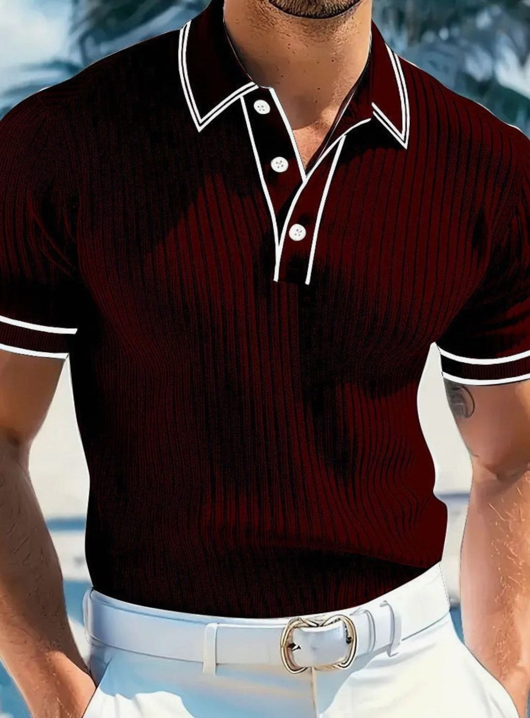 Men's Slim-Fit Ribbed Knit Short-Sleeve Polo Shirt Contrast Trim - Wine Red