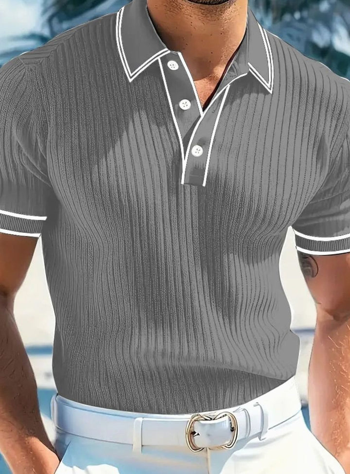 Men's Slim-Fit Ribbed Knit Short-Sleeve Polo Shirt Contrast Trim - Gray