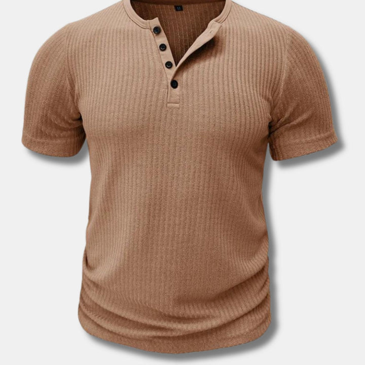 Men's Slim Fit Ribbed Short Sleeve Henley Shirt - Light Brown