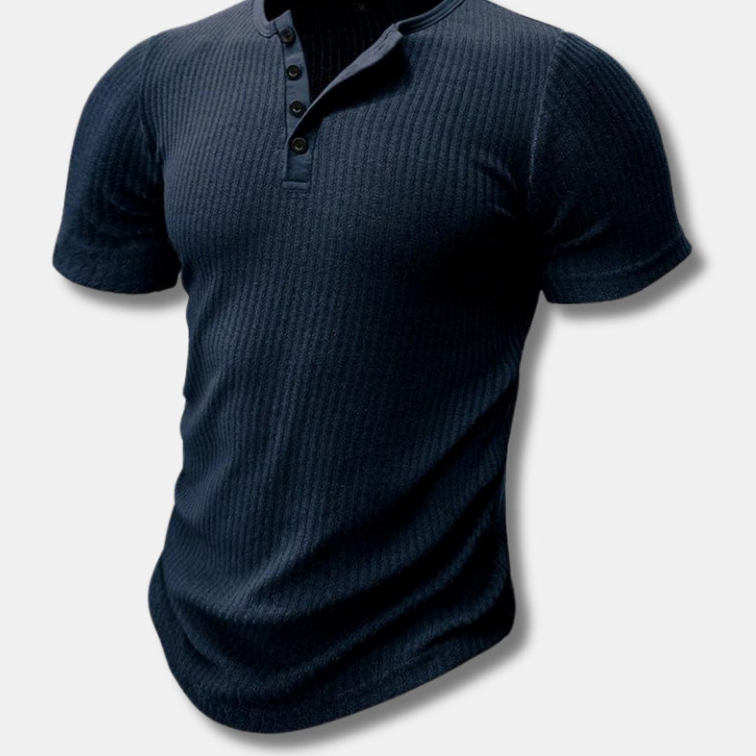 Men's Slim Fit Ribbed Short Sleeve Henley Shirt - Navy Blue