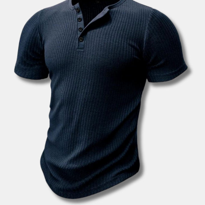 Men's Slim Fit Ribbed Short Sleeve Henley Shirt - Navy Blue