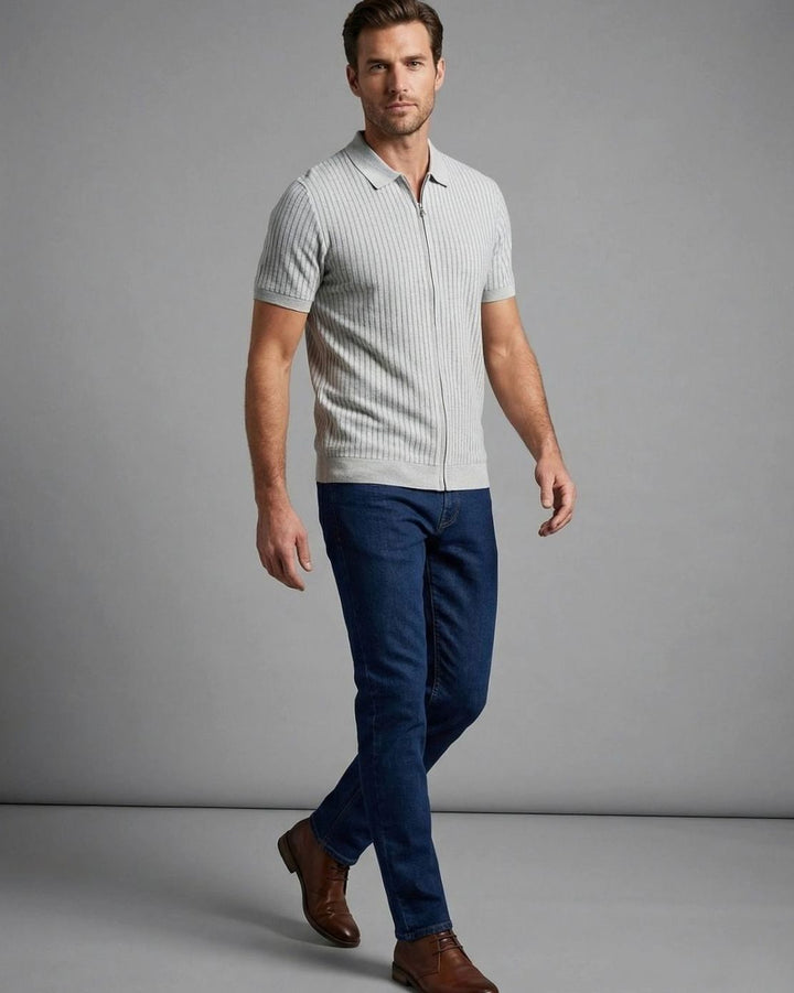 Men's Slim-Fit Ribbed Zip-Up Short Sleeve Polo Shirt