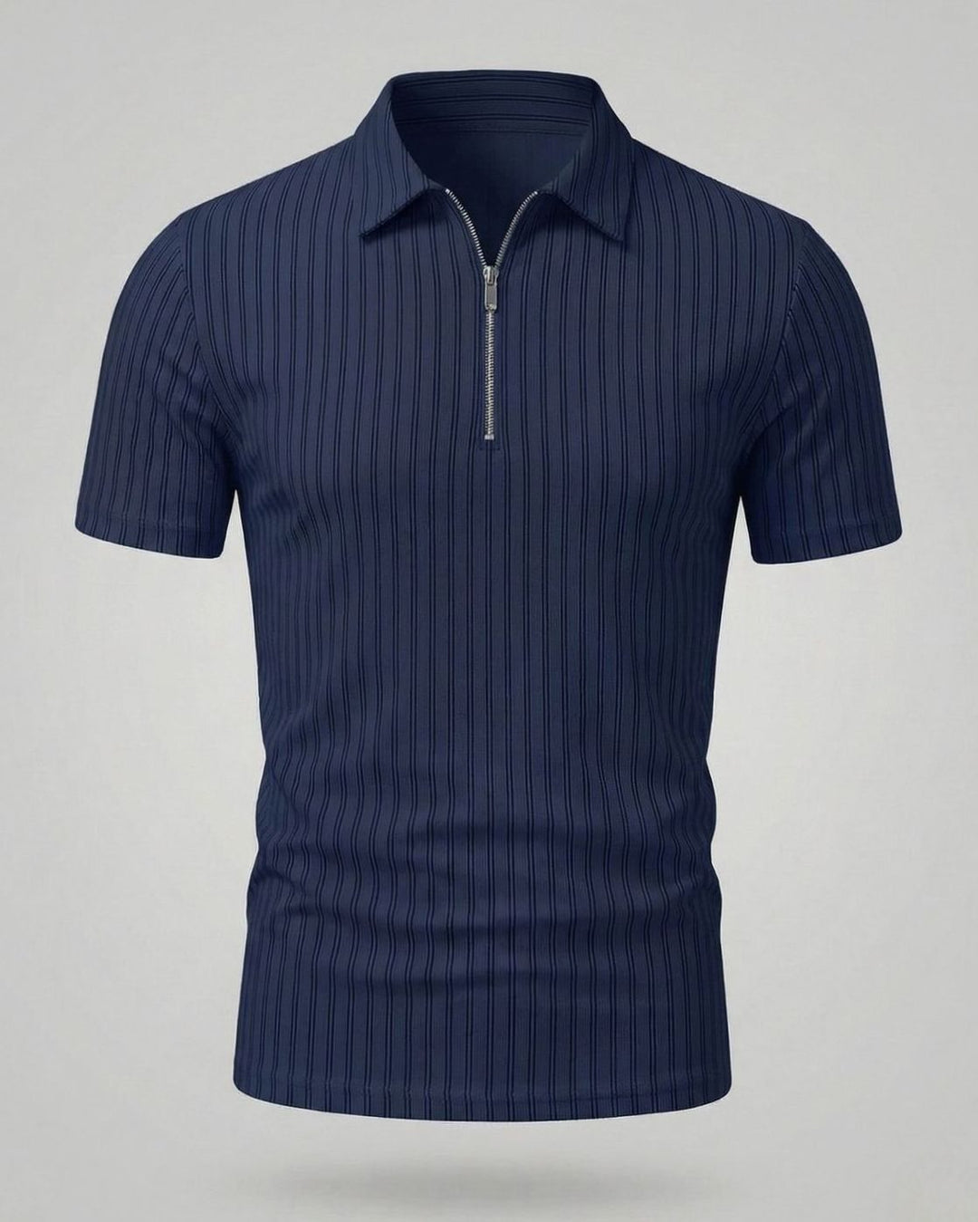 Men's Slim-Fit Ribbed Zip-Up Short Sleeve Polo Shirt - Dark Blue