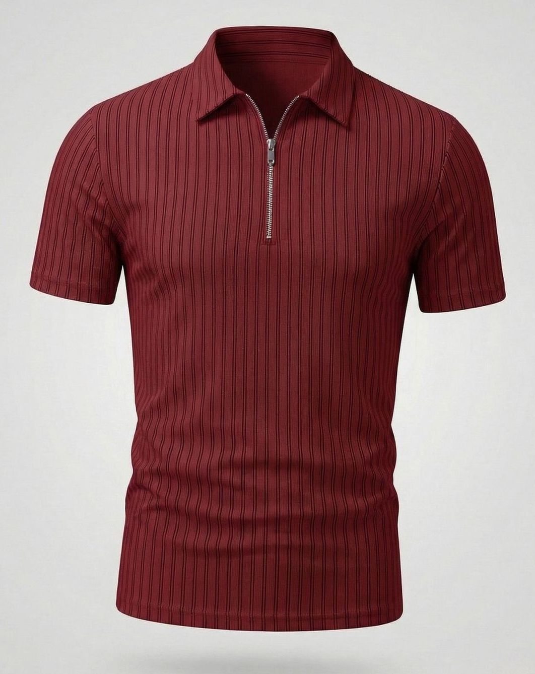 Men's Slim-Fit Ribbed Zip-Up Short Sleeve Polo Shirt - Wine Red