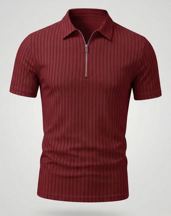 Men's Slim-Fit Ribbed Zip-Up Short Sleeve Polo Shirt - Wine Red