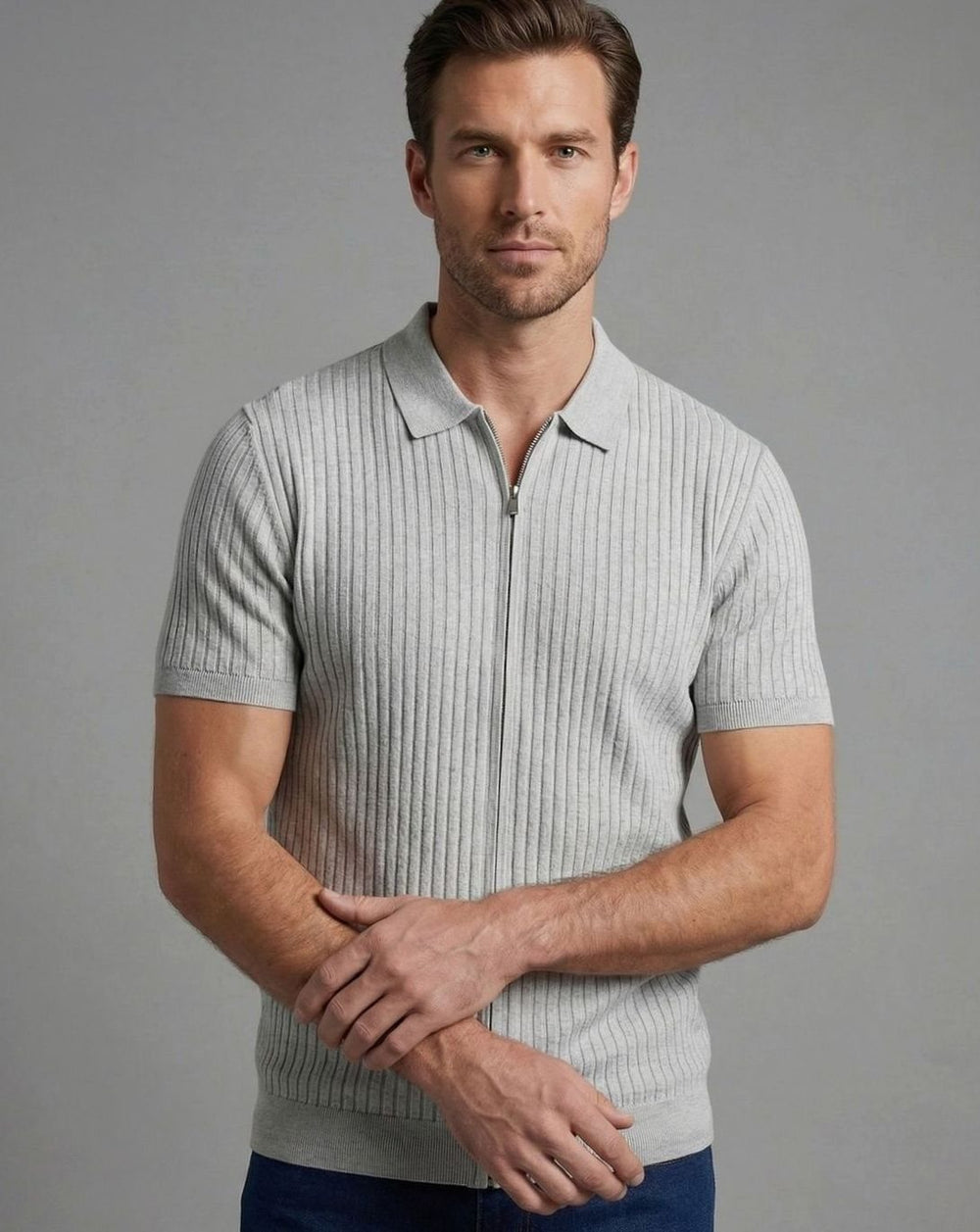 Men's Slim-Fit Ribbed Zip-Up Short Sleeve Polo Shirt